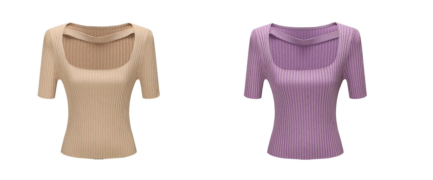 WANGXO | Phantom Shiny Silk with Hemp Retro Square Neck Slim Ribbed Knit Short Sleeve Top -ZARA