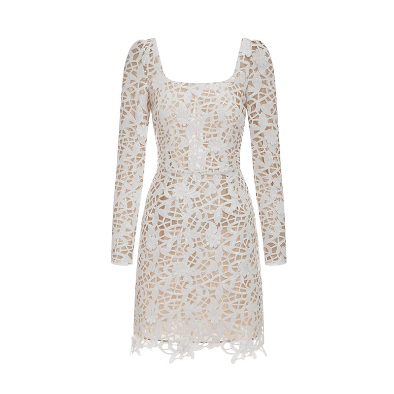 Wardrobes by Chen White bridal Square Collar Long Sleeve Flower lace Dress-POLA XS / White Wardrobes by Chen White bridal Square Collar Long Sleeve Flower lace Dress-POLA XS / White