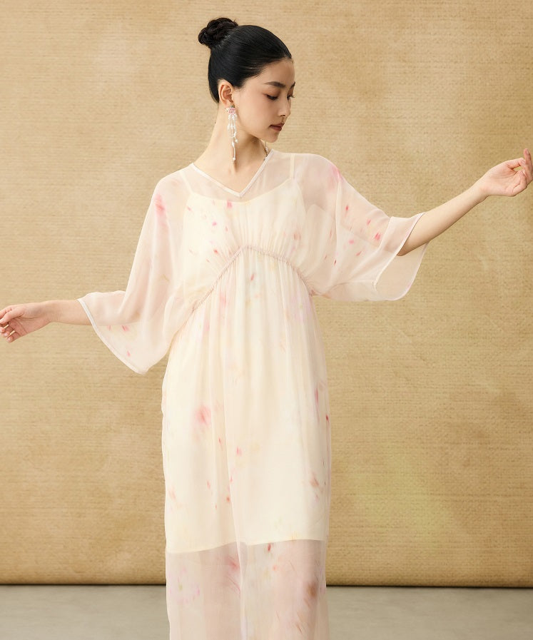 HECO Chinese Resort Style Flowing V-neck Dress - STONE.