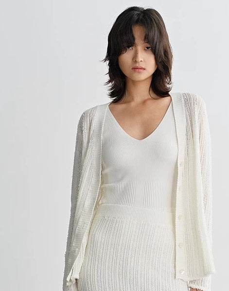 COMME MOI  Women's White Cutout Raw Edge Knitted Cardigan - MAYA.