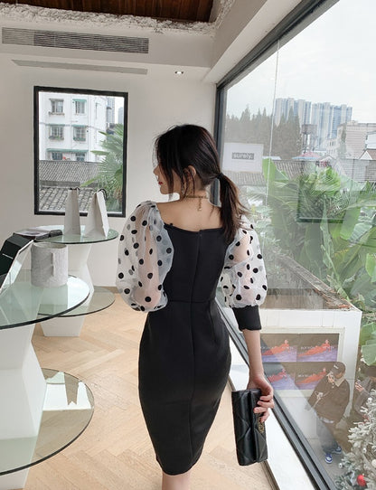 DOLLY Luxury Black Retro Style V-Neck Polka Dot Long Sleeve Slim Fit Dress-DEL