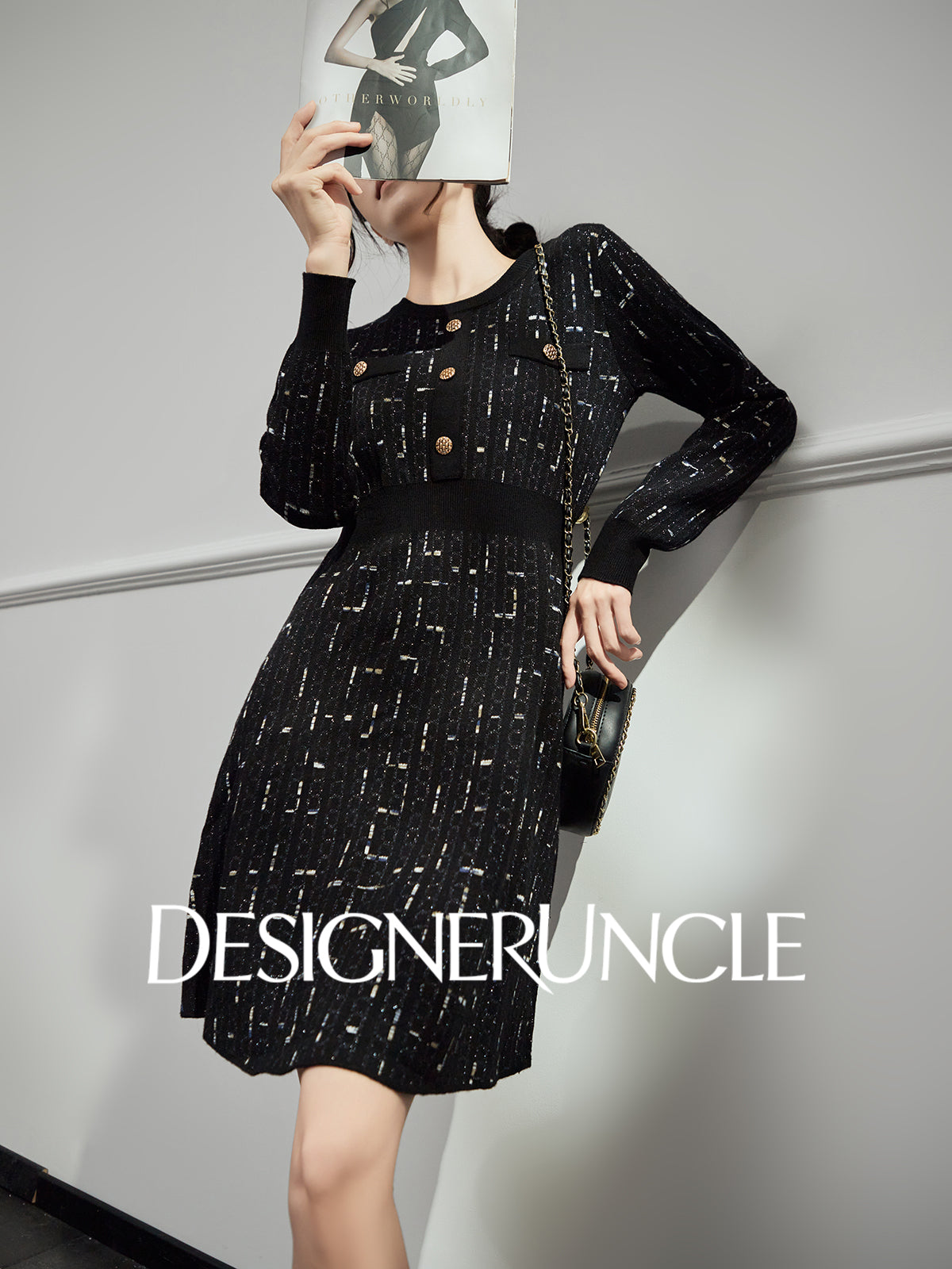 DGU|Twilight" black small fragrance style slimming high-end long-sleeved dress - Antonia.