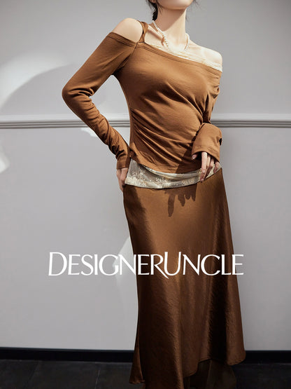 DGU "Twilight" coffee lace contrasting retro loose slimming temperament top - STRAT.