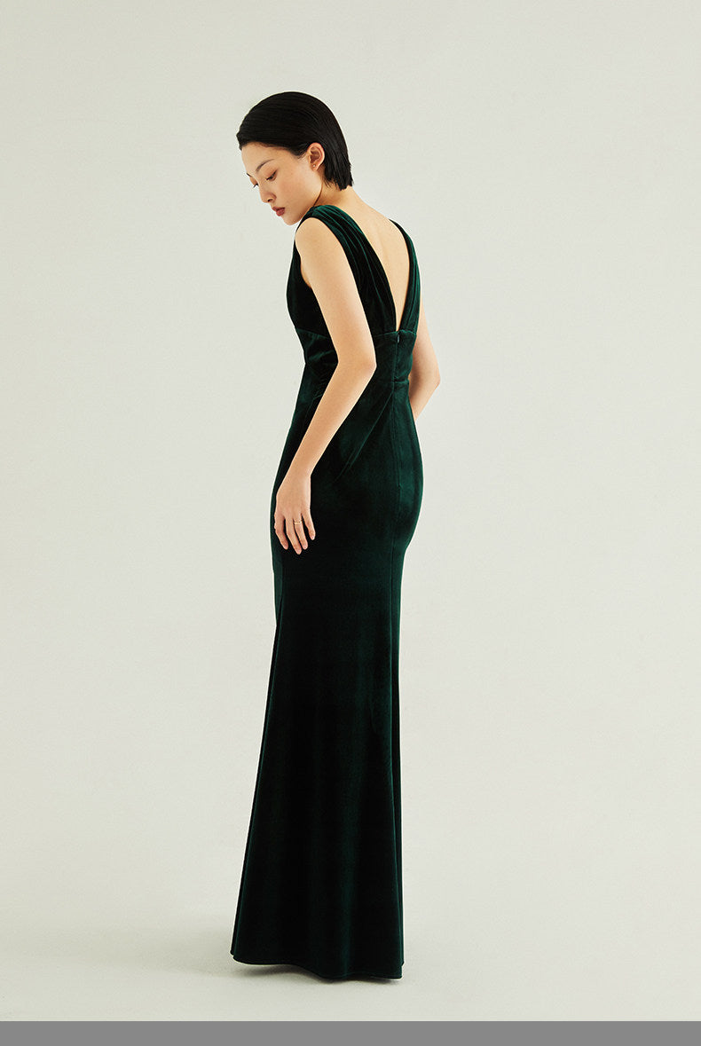 GOUDIN high-end temperament velvet long dark green dresses -ADDIE