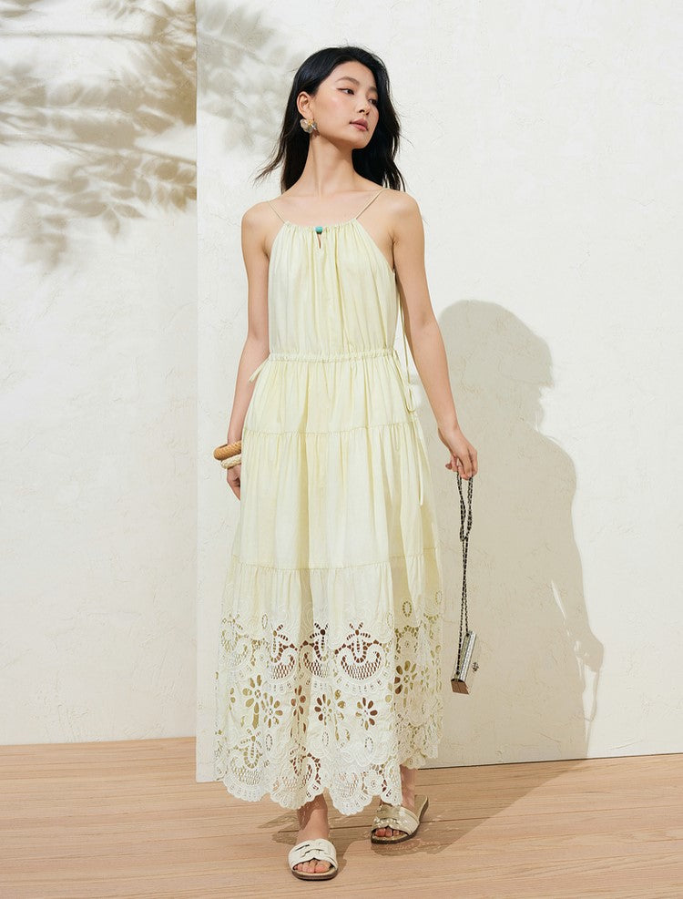 Sushe French Resort Quilted cotton embroidered lace loose A-line long slip dress-LUCY