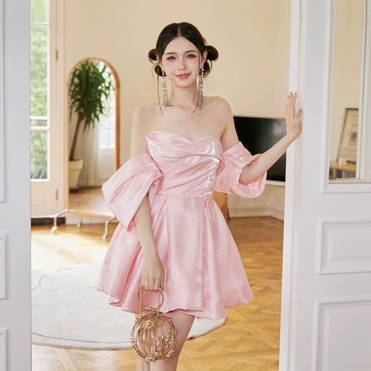 DOLLY High End Pink Off Shoulder Short Sleeve Chest Wrap Tutu Chic Dress-GARTEL