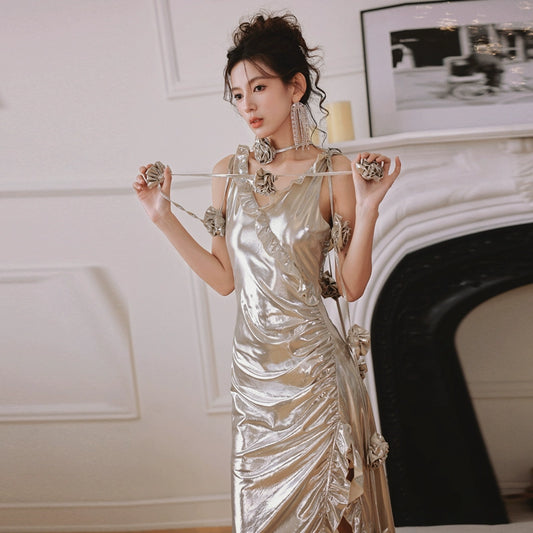 DOLLY Elegant Retro Sliver Gold Deep V-Neck Sleeveless Flower Long Cocktail Dress-NKIRU    (V)
