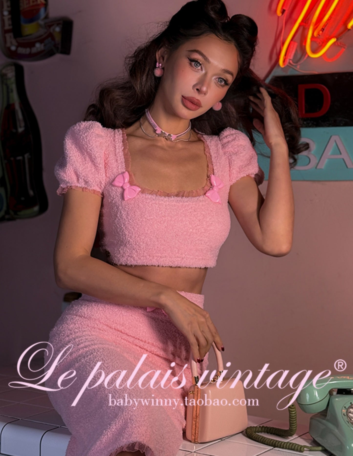 Le Palais Vintage Pink Plush Crop Top + Hip Skirt Set
