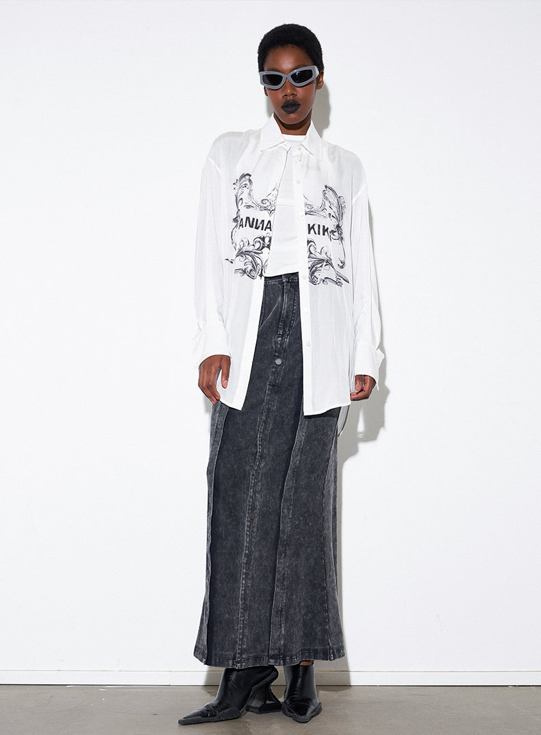 ANNAKIKI Designer White Acetate Print Loose Long Sleeve Shirt-HIRO