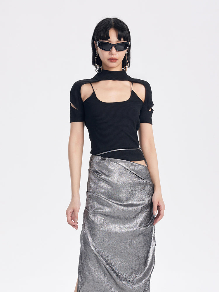 TINY IN cut-out high neck u-neck short sleeve fake two-piece top - COM