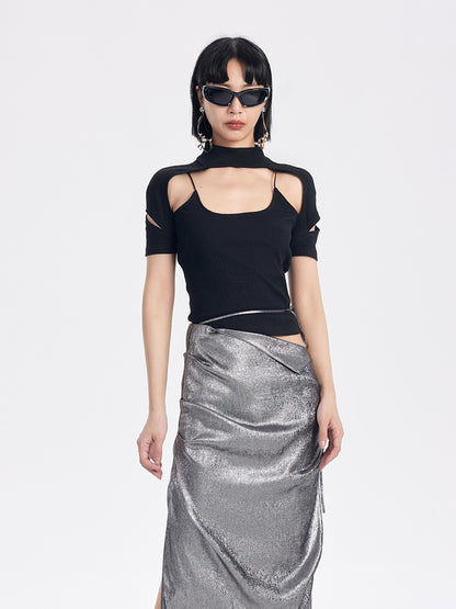TINY IN cut-out high neck u-neck short sleeve fake two-piece top - COM