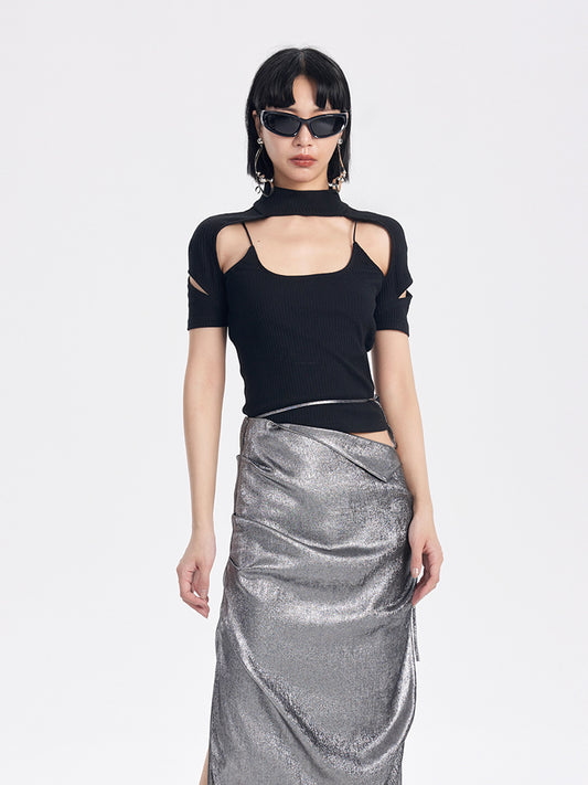 TINY IN cut-out high neck u-neck short sleeve fake two-piece top - COM
