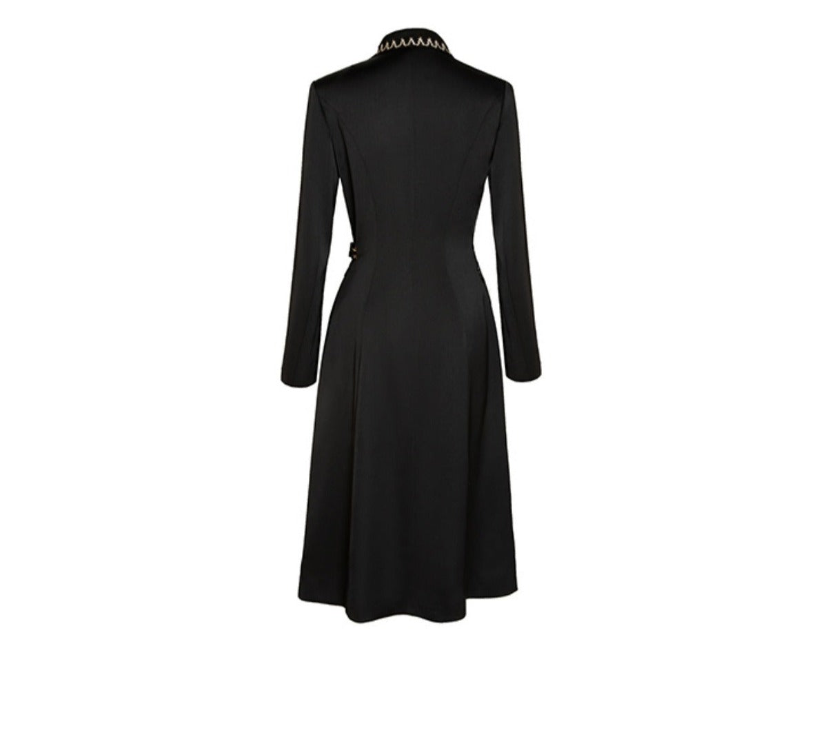 Magic Q's black embroidered waist pinched pleats long-sleeved trench dress- Bk