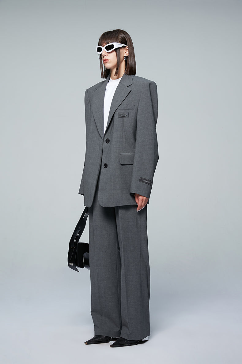 ANNAKIKI designer gray wool elastic waist wide-leg casual trousers-UZUMAKI