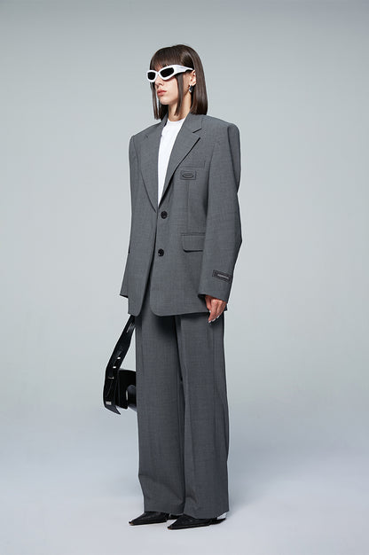 ANNAKIKI designer gray wool elastic waist wide-leg casual trousers-UZUMAKI