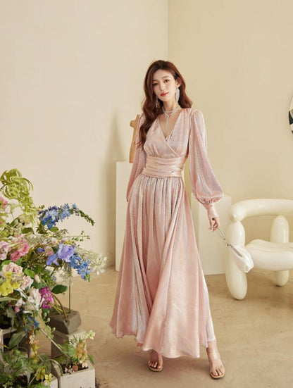 DOLLY Elegant Peach V-Neck Long Puff Sleeve High Waist Long Flowing Guest Dress-BESTY
