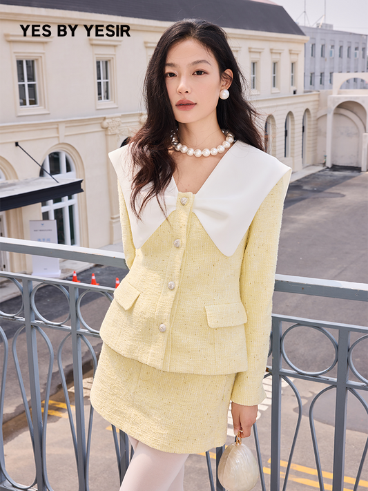 YES BY YESIR  bow collar jacket and skirt suit set - SANS.