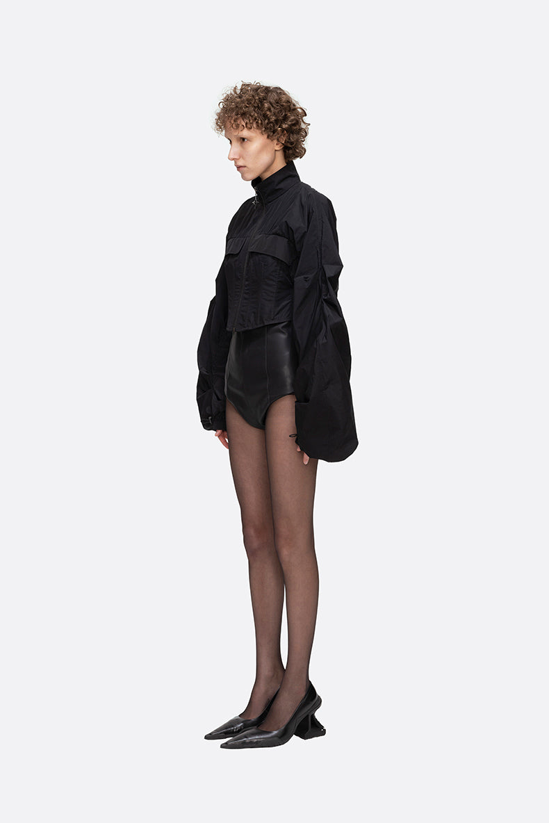 ANNAKIKI Futuristic herringbone shirred slim cropped jacket-KEANE