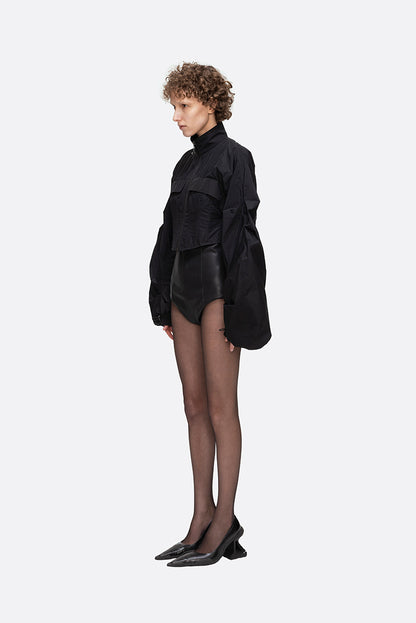 ANNAKIKI Futuristic herringbone shirred slim cropped jacket-KEANE