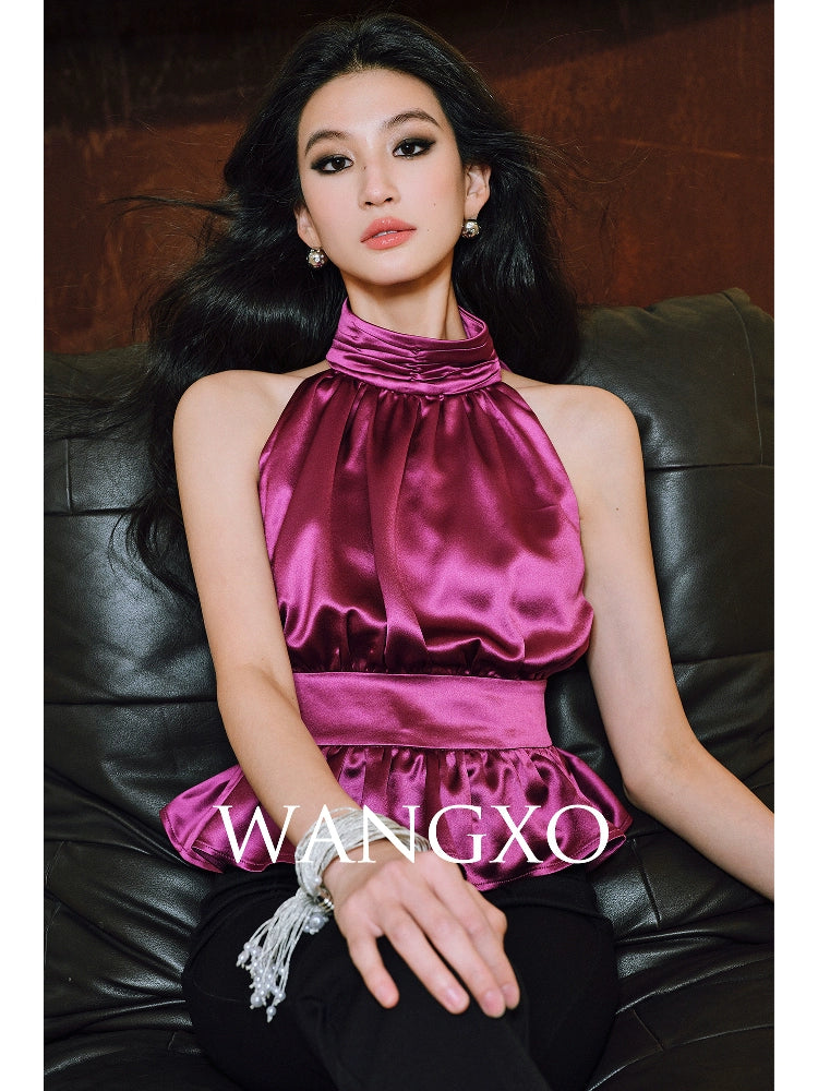 WANGXO Acetate Satin Silky Smooth Collar Cut-Out Aesthetics Shirred Waist Umbrella Top - VIOLA