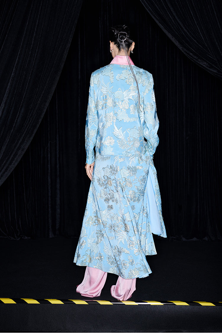 M essential Mackay designer blue pink embroidered contrast lapel shirt pant dress set - halle.