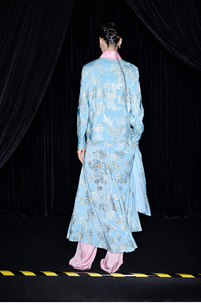 M essential Mackay designer blue pink embroidered contrast lapel shirt pant dress set - halle.