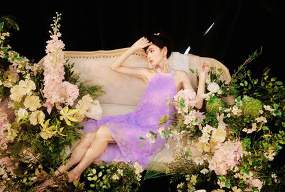 DOLLY High End French Style Violet Sleeveless Halter Neck Loose Dinner Dress-Flower  (V)