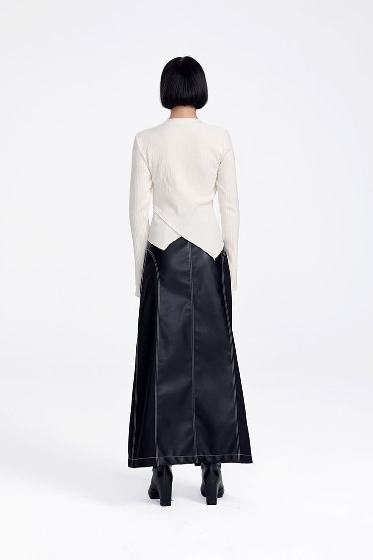 TINY IN button sleeve asymmetric knit women's black top-TAKA