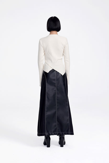 TINY IN button sleeve asymmetric knit women's black top-TAKA