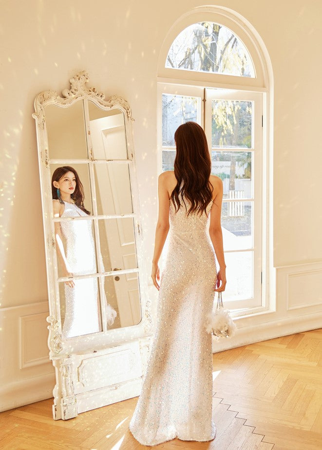 DOLLY Elegant Sleeveless Sequin Halter High Waist Fish Tail Evening Dress-BECCA