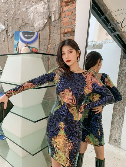 DOLLY Elegant Crew Neck Long Sleeve Slim Fit Short Sequin Party Dress-CONNIE