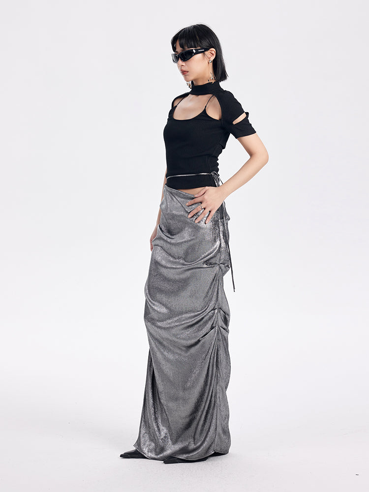 TINY IN cut-out high neck u-neck short sleeve fake two-piece top - COM