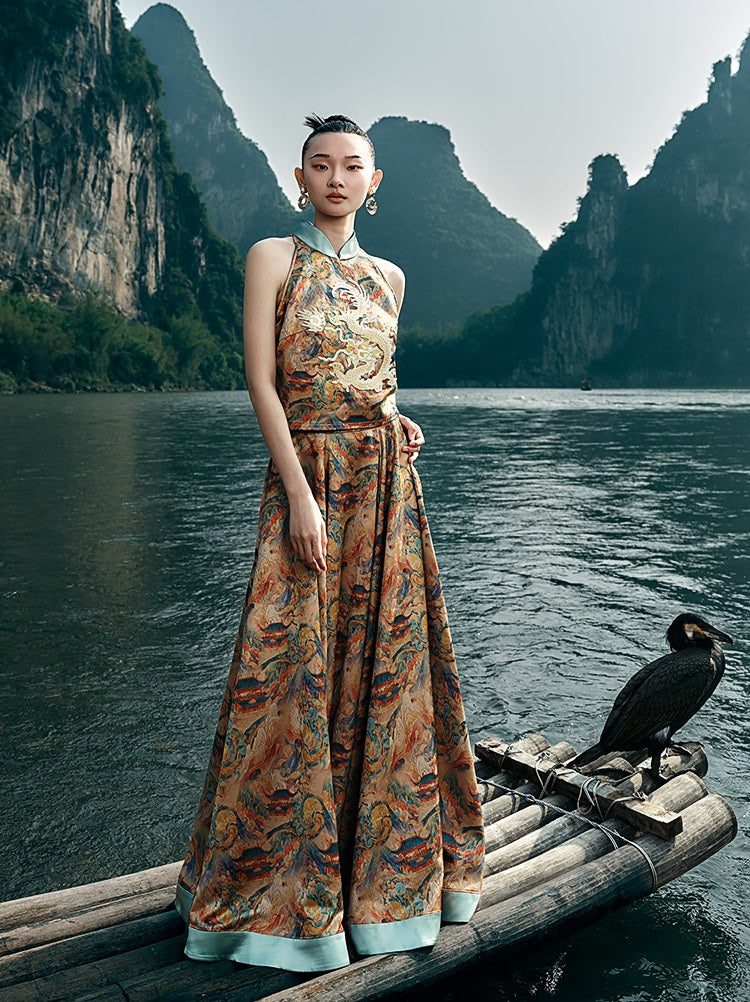 HECO Chinese Retro Mural Golden Dragon Embroidered Vest Top - ERIKA.