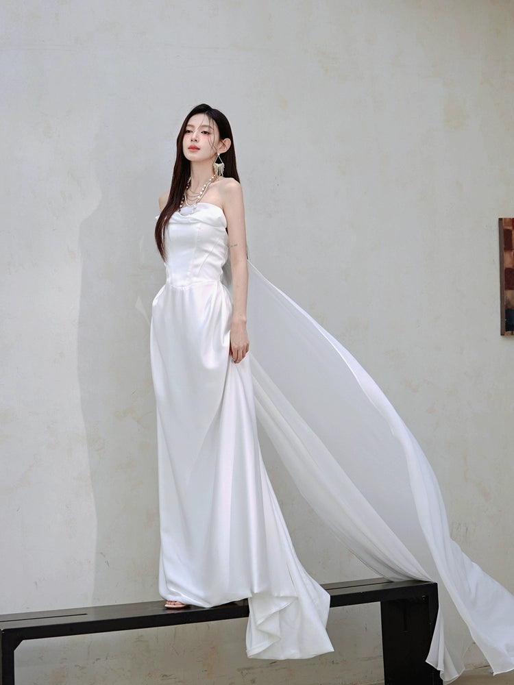 DOLLY Luxury White Bandeau Stain High Waist Long Wedding Guest Dress-Lola M / White DOLLY Luxury White Bandeau Stain High Waist Long Wedding Guest Dress-Lola M / White
