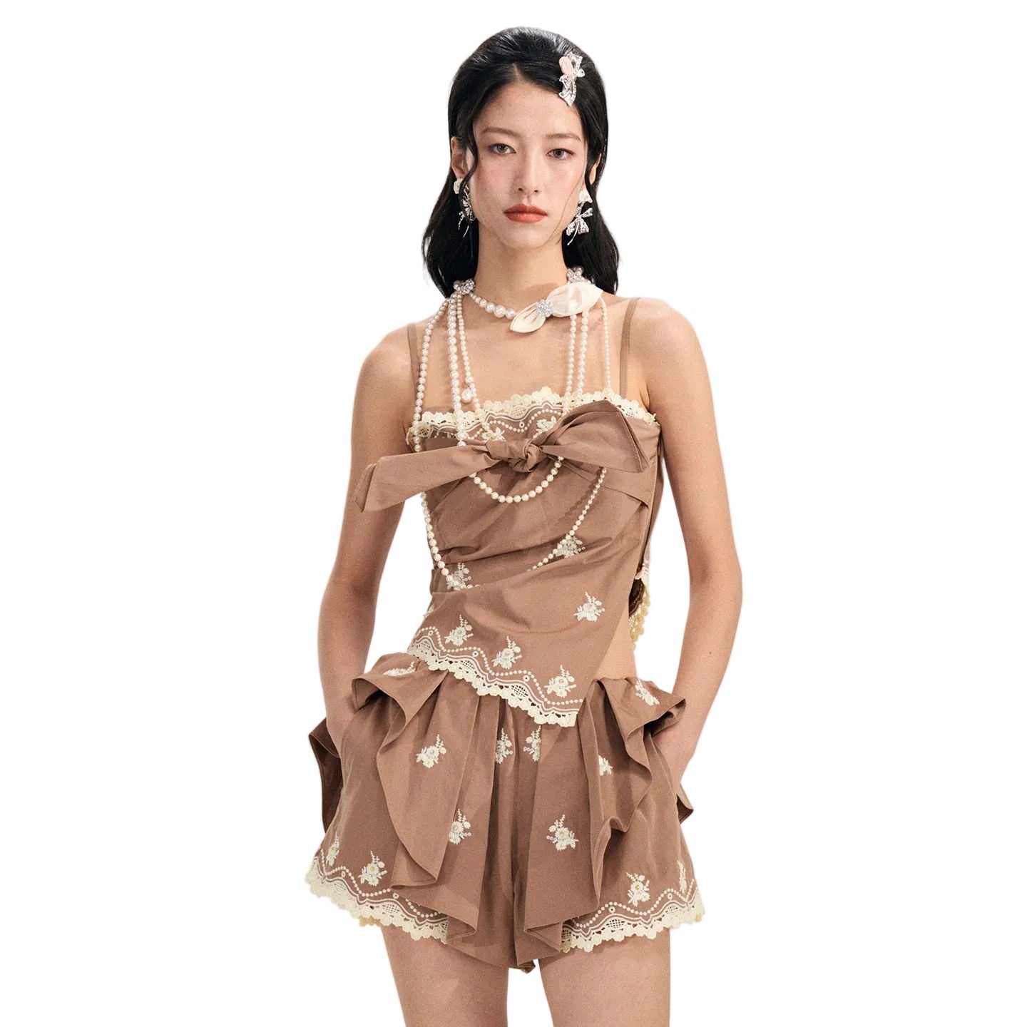 FAME flower embroidery nail beads deconstructed suspender top - ASTRID