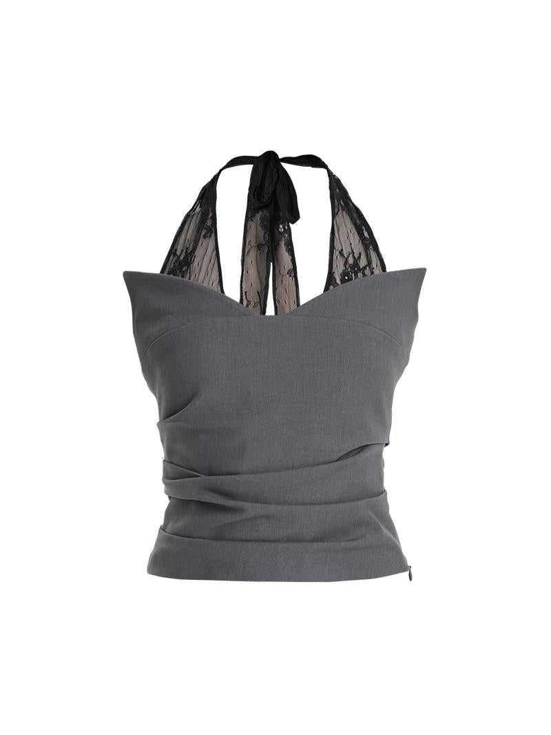 TINY IN  irregular sexy lace spliced gray halter neck top-FLORA