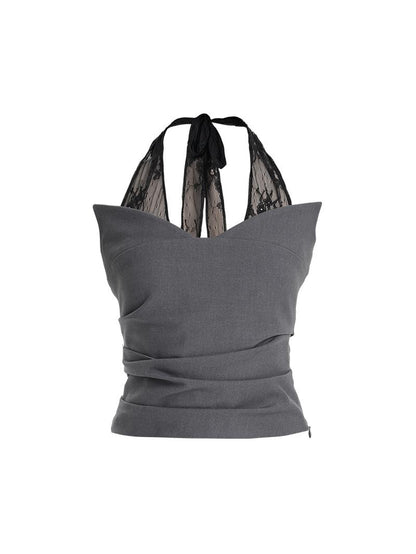 TINY IN  irregular sexy lace spliced gray halter neck top-FLORA