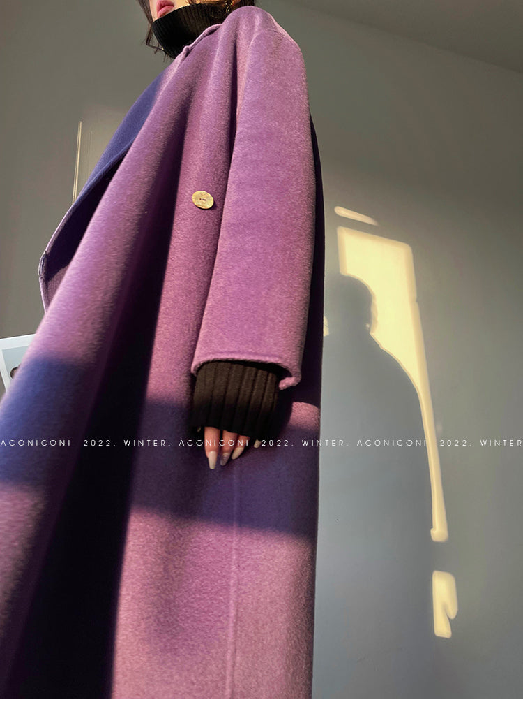 Aconiconi Luxury Purple Lapel Long Sleeve Long Straight Winter Coat- Taro