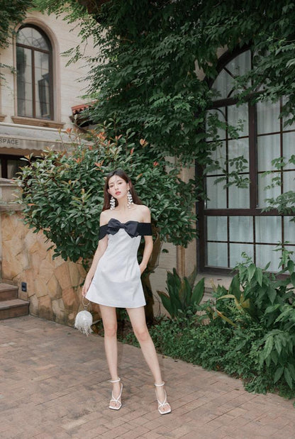 DOLLY High End Black Bow Off Shoulder Bandeau White Short Dress-ANDRA