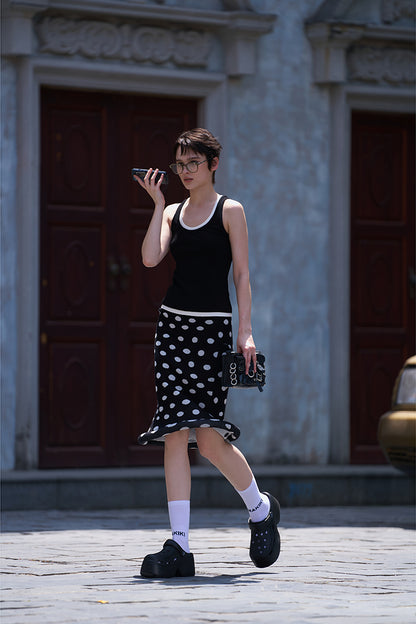 ANNAKIKI women's clothing black shaped polka dot skirt knitted hip skirt-SUZY