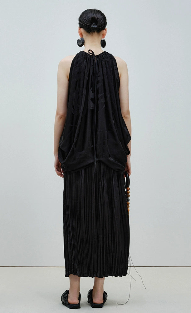 ZHUCHONGYUN  Black Jacquard Drawstring Lace-up Sleeveless Top-CHUG.