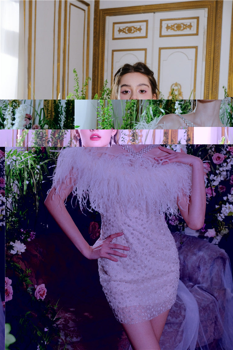 Wardrobes by Chen Luxury Off White Off Shoulder Feather Short Mini Party Dress-Genny