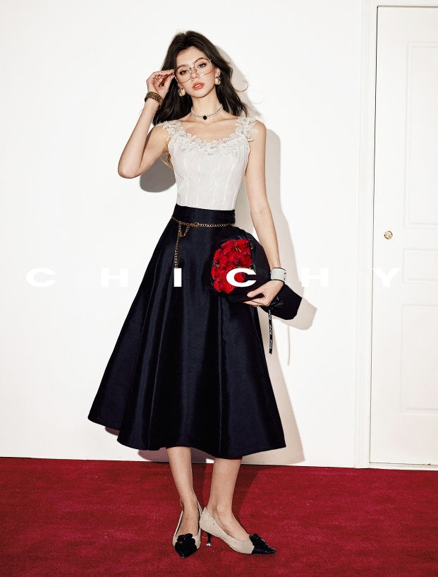 CHICHY French Hepburn style black A-line high-waisted long skirt-ROAN
