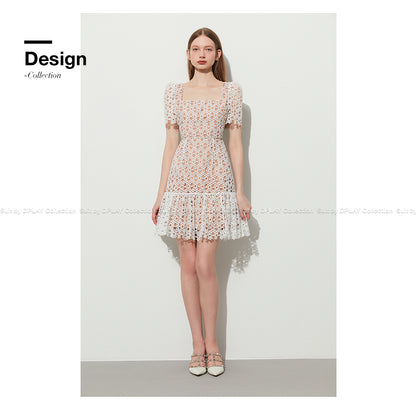 Light Luxury White Square Neck Openwork Lace Dress - Aredre