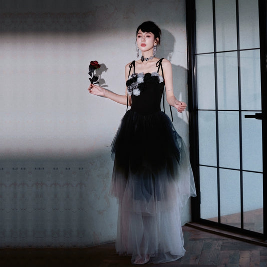 DOLLY Elegant Black Gradient French Style Suspender Irregular Prom Dress-Marcia (V)