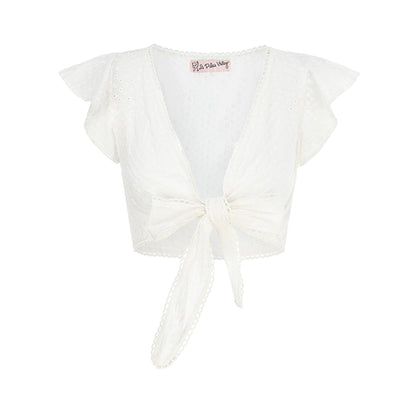 Le Palais Vintage embroidery cotton wrap short top + high-waisted bud skirt-TEE