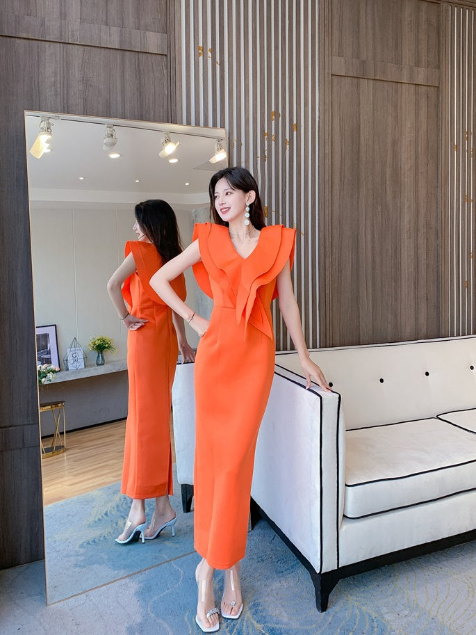 DOLLY Elegant White V-Neck Flying Ruffle Sleeve Slim Fit Long Goddess Dress-CLAUDIA