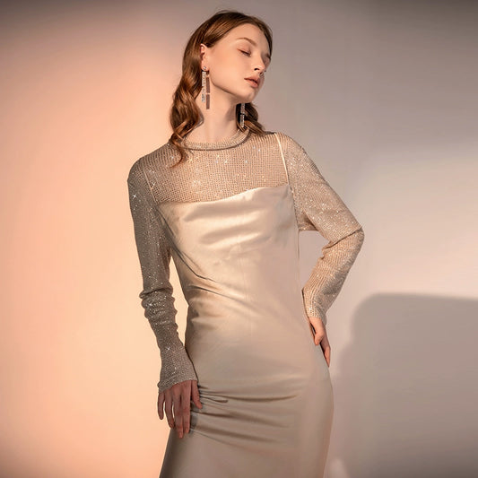 Wardrobes by Chen Luxury Rhine Stone Long Sleeve Top/ Long Silk Skirt-Bara