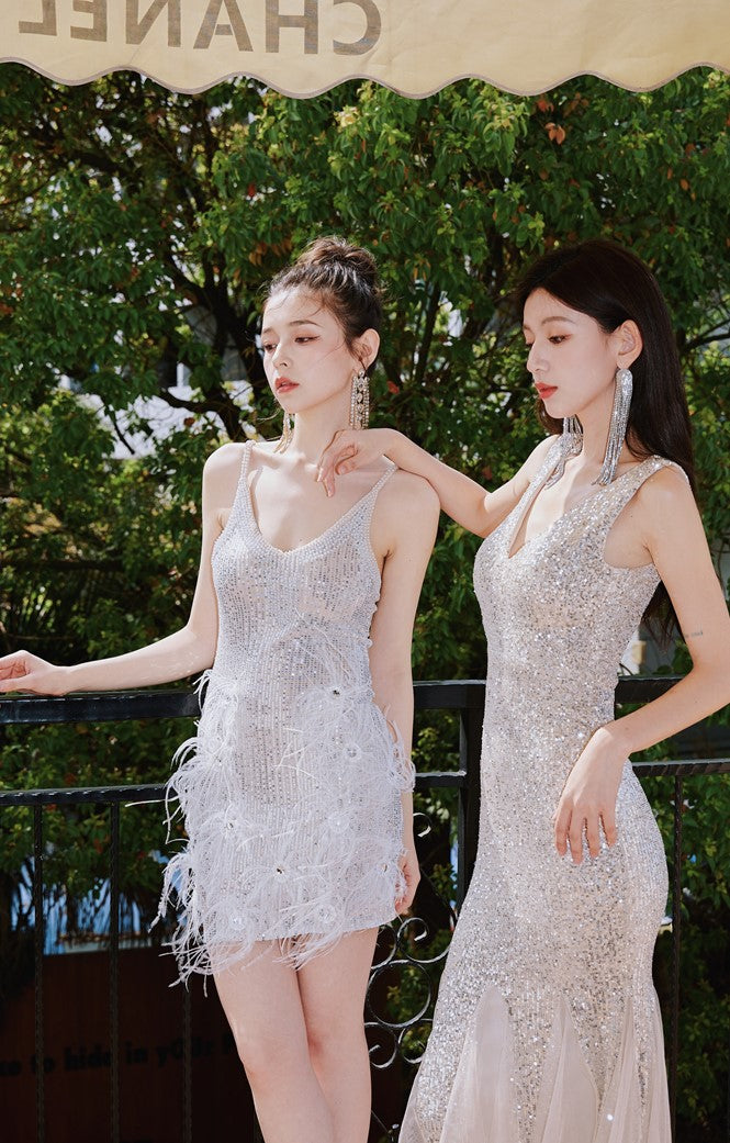 DOLLY Elegant Deep V-Neck Sleeveless Sequin Mesh Long Cocktail Dress-JUSTINA