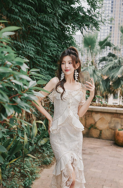 DOLLY Elegant French Style Cream Ruffled Lace Fake Two Piece Midi Dinner Dress-KAKA